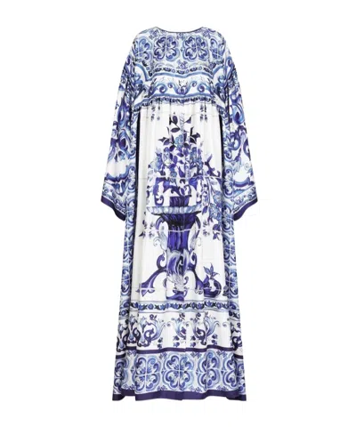 Dolce & Gabbana Kaftano In Twill Di Seta Stampa Maioliche In White