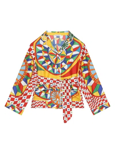 Dolce & Gabbana Kids' Carretto-print Belted Silk Shirt In Multicolour