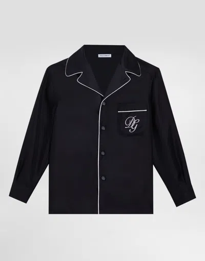 Dolce & Gabbana Kids' Twill Shirt With Dg Embroidery In Blue