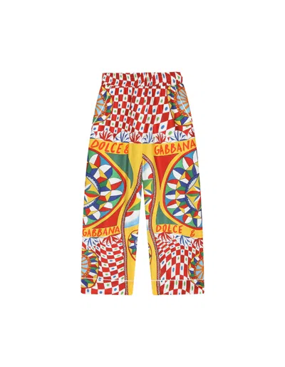 DOLCE & GABBANA TWILL TROUSERS WITH CART PRINT AND CONTRAST PIPING
