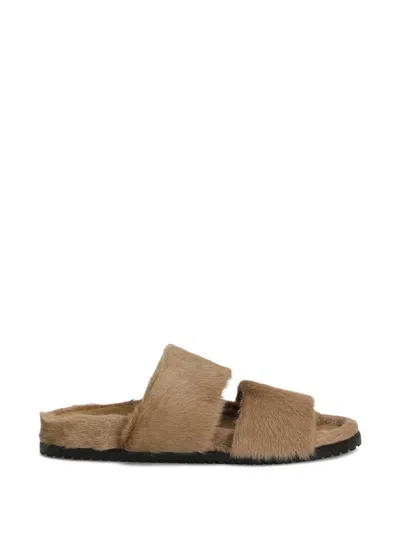 Dolce & Gabbana Double Strap Faux Fur Slide Sandals In Brown