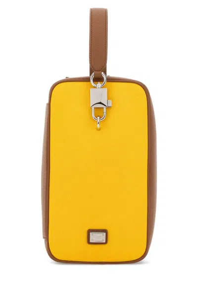 Dolce & Gabbana Two Tone Leather And Canvas Lock Handbag In Yellow