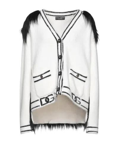 Dolce & Gabbana Two-tone Fuzzy Knit Cardigan In White
