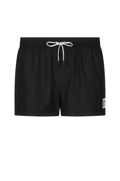 Dolce & Gabbana Printed Swim Trunks With Mid-length And Logo In Black