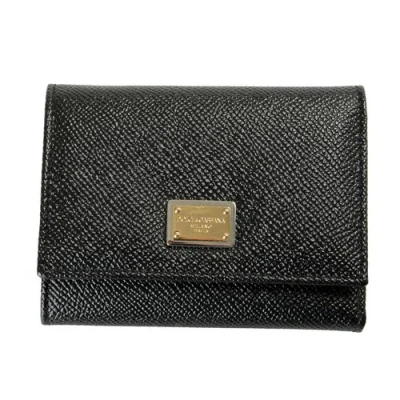 Pre-owned Dolce & Gabbana Unisex 100% Textured Leather Metal Logo Bifold Wallet In Black