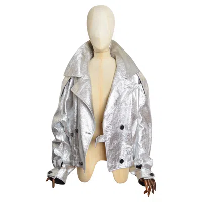 Pre-owned Dolce & Gabbana Unisex  Silver Lamé Leather Oversized Metallic Biker Jacket