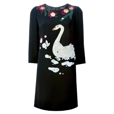 Pre-owned Dolce & Gabbana Unworn  Black Crystal Embellished Appliqué Lace Swan Dress 42