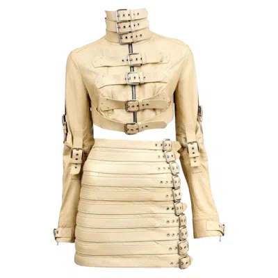 Pre-owned Dolce & Gabbana Unworn  Bondage Buckle Leather Jacket Skirt Suit Ensemble Y2k Kim In Sand