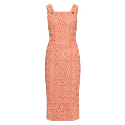 Pre-owned Dolce & Gabbana Unworn  Coral Eyelet Shift Dress With Jeweled Button Details 38 In Red