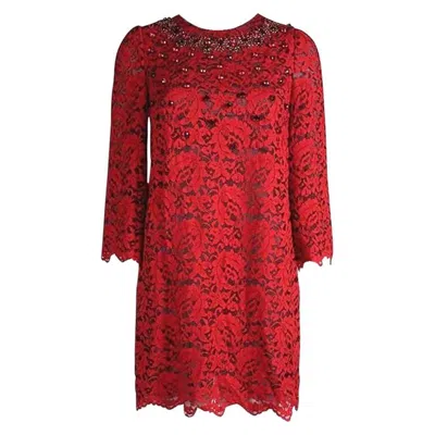 Pre-owned Dolce & Gabbana Unworn  Crystal Embellished Red Lace & Silk Dress 38