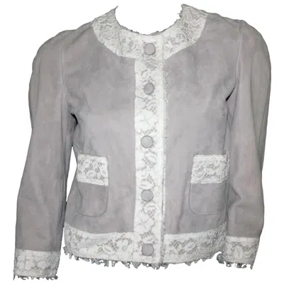 Pre-owned Dolce & Gabbana Unworn  Leather Jacket With Fringed Lace Trimmings 40 In Gray