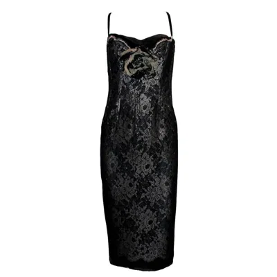 Pre-owned Dolce & Gabbana Unworn  Silk Lace Bone Corset Dress, Coat & Brooch Ensemble 3pcs In Black
