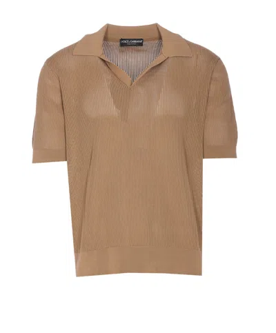 Dolce & Gabbana V-neck Cotton Polo Shirt In Beige