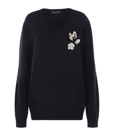 Dolce & Gabbana V-neck Embroidered Sweater In Black
