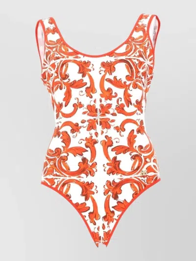 Dolce & Gabbana V Neck Floral Stretch Swim Bodysuit