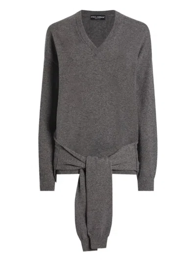 Dolce & Gabbana V-neck Knotted Cashmere Sweater In Gray