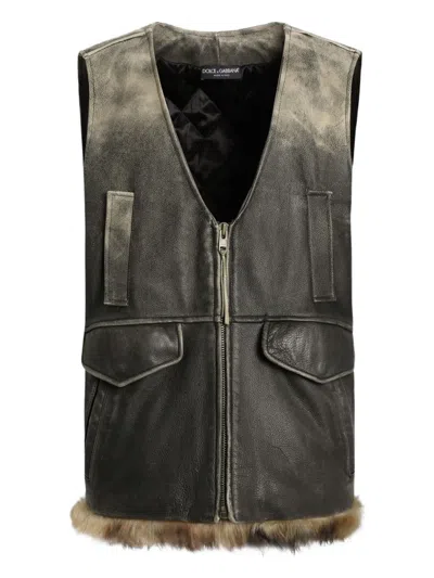 Dolce & Gabbana V-neck Leather Vest In Brown