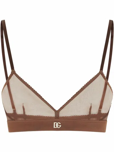 Dolce & Gabbana V-neck Logo Bralette In Brown