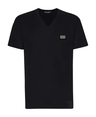 DOLCE & GABBANA DOLCE  GABBANA LOGO PATCH V-NECK T-SHIRT