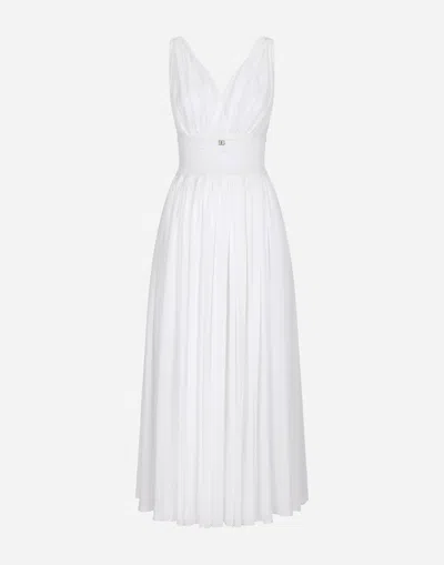 Dolce & Gabbana Abito Longuette Con Scollo A V In Georgette Di Seta In Bianco Ottico