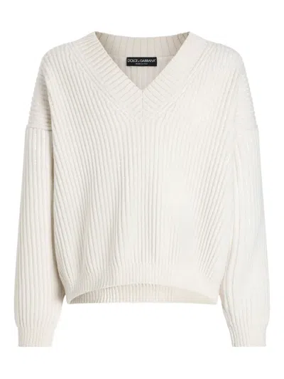 Dolce & Gabbana V-neck Ribbed Sweater In White