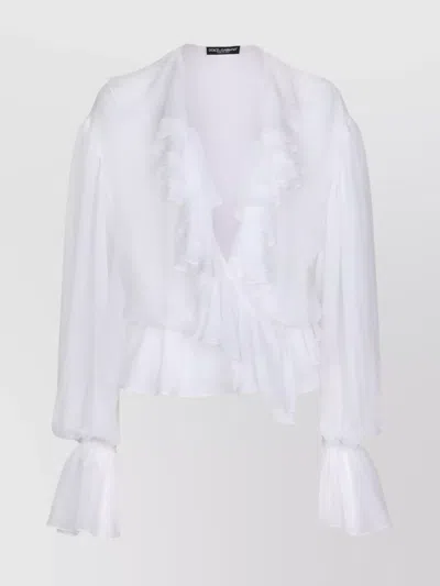 DOLCE & GABBANA V-NECK SILK SHIRT RUFFLED DETAILING