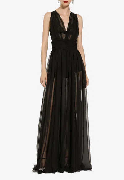 Dolce & Gabbana Pleated Semi-sheer Gown In Black