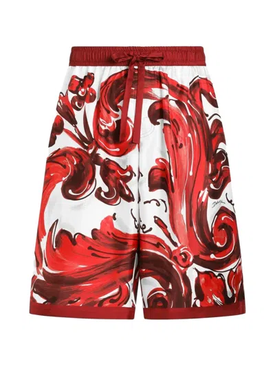 Dolce & Gabbana Vanity Bermuda Shorts In Majolica-print Silk Twill In Red