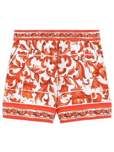Dolce & Gabbana Kids' Vanity Shorts In Poplin Maiolica Print In Brown