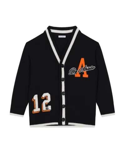Dolce & Gabbana Varsity-patch Wool Cardigan In Black