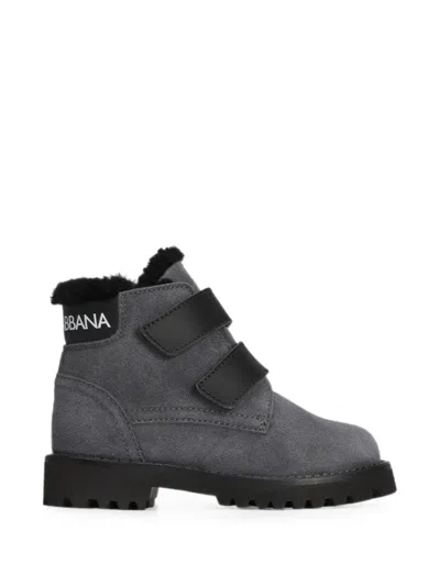 Dolce & Gabbana Kids' Velour-fabric Boots In Gray