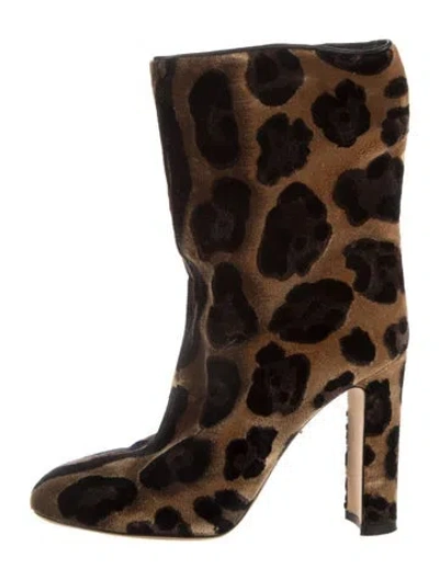 Pre-owned Dolce & Gabbana Velvet Animal Print Boots In Brown