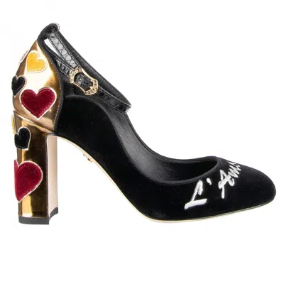 Pre-owned Dolce & Gabbana Velvet Ankle Strap Hearts Pumps Vally L'amore Black Gold 09041
