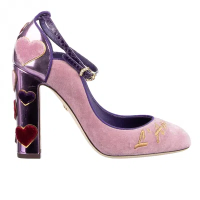 Pre-owned Dolce & Gabbana Velvet Ankle Strap Hearts Pumps Vally L'amore Purple Pink 09032