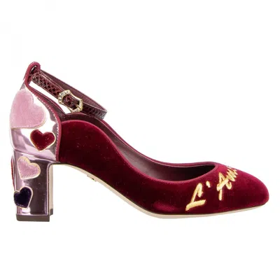 Pre-owned Dolce & Gabbana Velvet Ankle Strap Hearts Pumps Vally L'amore Red Pink 09031
