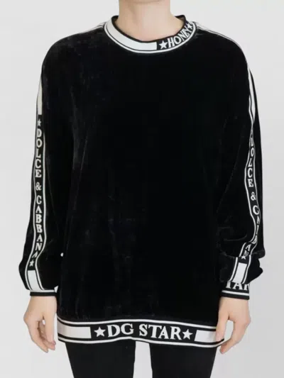 Dolce & Gabbana Velvet Crewneck Pullover Sweater Relaxed Fit In Black