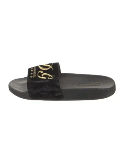 Pre-owned Dolce & Gabbana Velvet Graphic Print Slides In Black