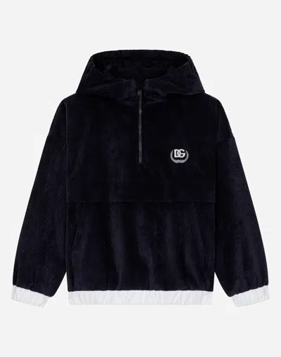 Dolce & Gabbana Velvet Hoodie With Dg Laurel Logo In Blue