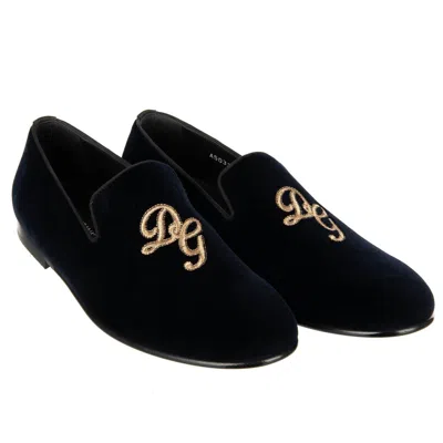 Pre-owned Dolce & Gabbana Velvet Loafer Shoes Amalfi Embroidery Logo Navy Blue Gold 11050