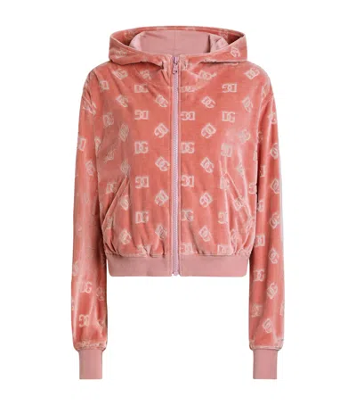 DOLCE & GABBANA VELVET LOGO ZIP-UP HOODIE