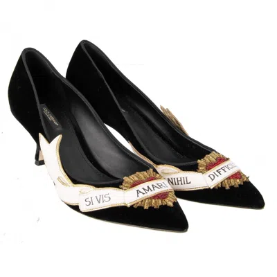 Pre-owned Dolce & Gabbana Velvet Mid Heel Pumps Lori Sacred Heart Embroidery Black 09040