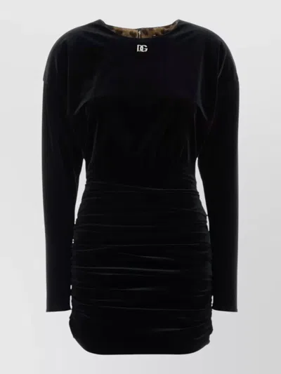 Dolce & Gabbana Velvet Mini Dress Long Sleeves Ruched In Black