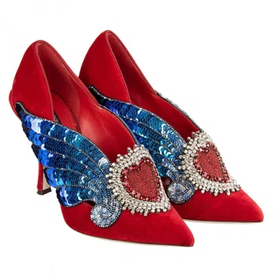 Pre-owned Dolce & Gabbana Velvet Pumps Lori Sacred Heart Wings Embroidery Red Blue 09034