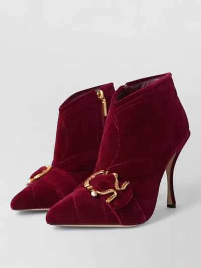 Dolce & Gabbana Velvet Quilted Ankle Boots Buckle Detail In Red