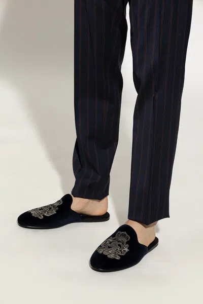 Dolce & Gabbana Velvet Slippers With Coat Of Arms Embroidery In Navy Blue