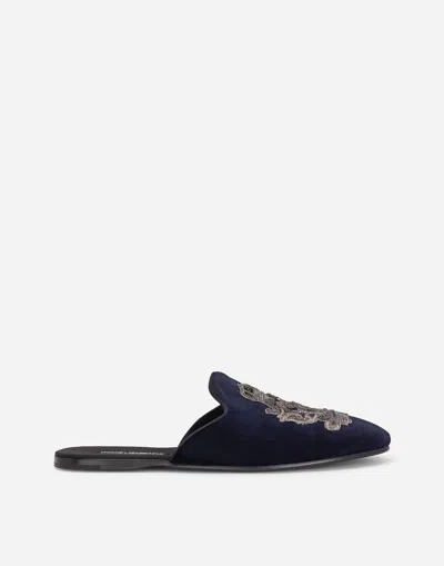 Dolce & Gabbana Velvet Slipper In Navy Blue