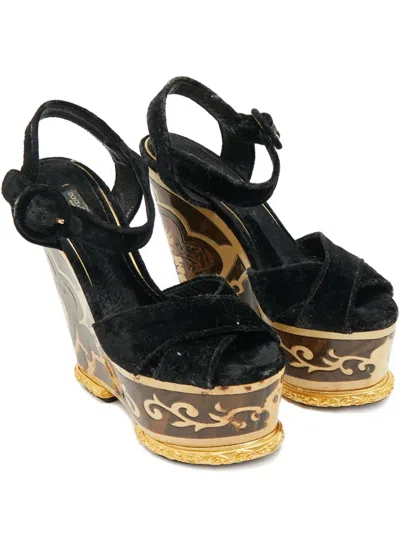 Pre-owned Dolce & Gabbana Velvet Wedge Sandals In Blue