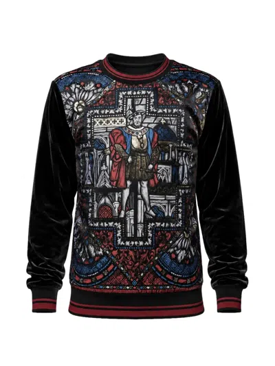 Dolce & Gabbana Jacquard Crew Neck Sweatshirt Velvet Sweater In Black