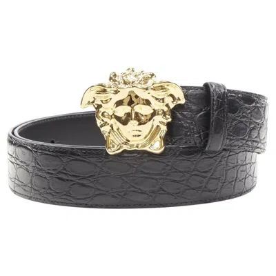 Pre-owned Dolce & Gabbana Versace $1200 La Medusa Gold Buckle Black Scaled Leather Belt 105cm 40-44"