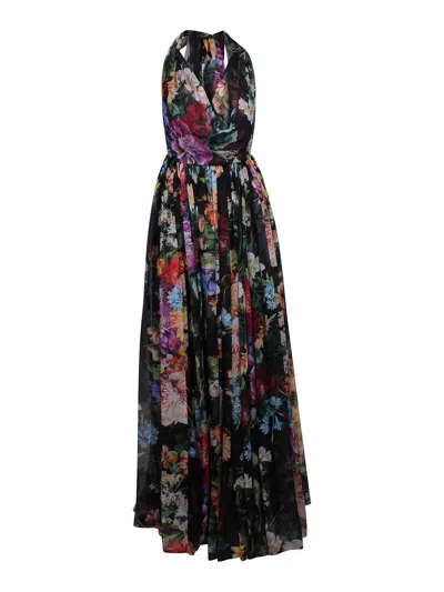 Dolce & Gabbana Long Chiffon Dress Printing Bouquet Flowers In Black
